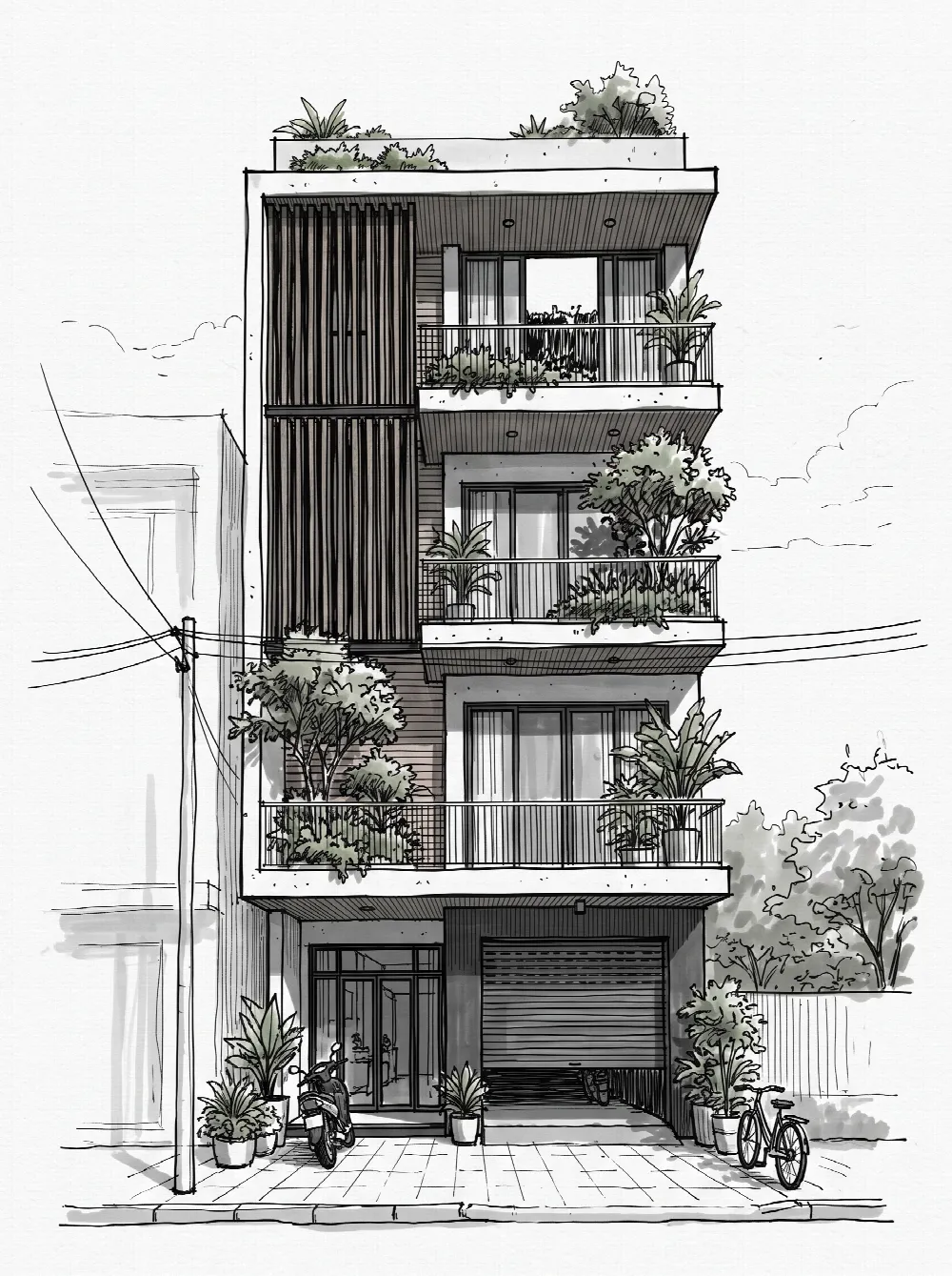 Mặt tiền nhà phố 4 tầng — Phác thảo marker